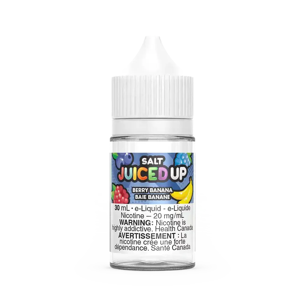 Juiced Up Salt Berry Banana 30mL e-liquid bottle with white cap and colorful fruit label.