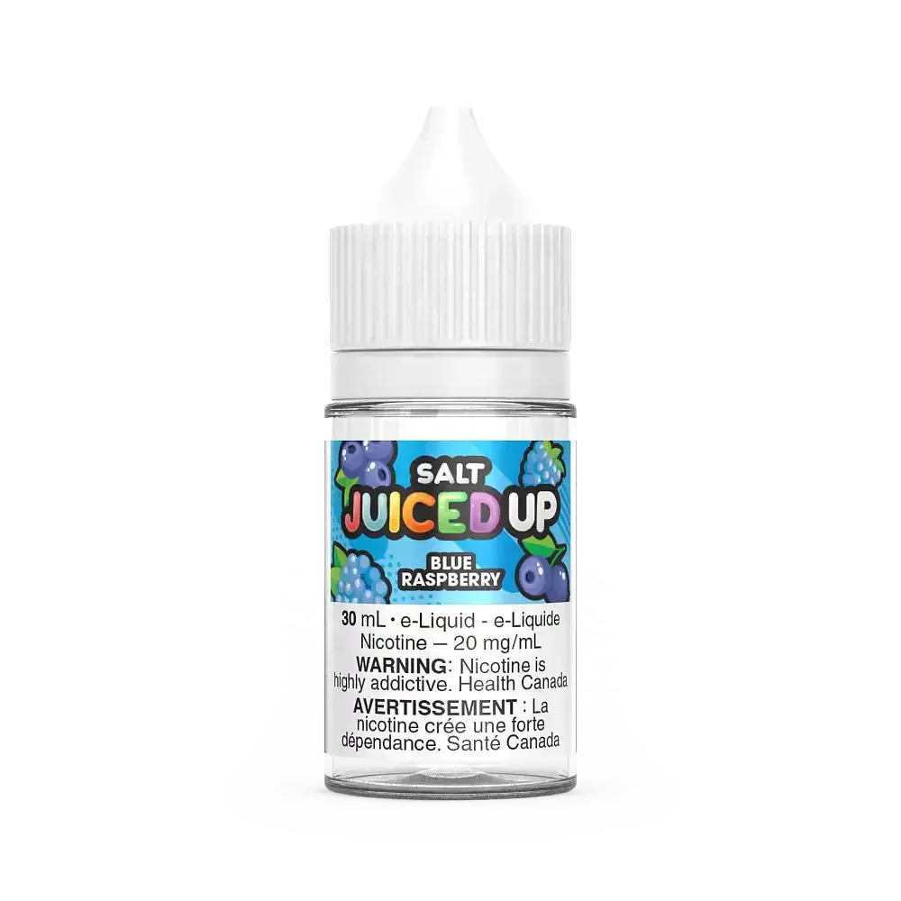 Juiced Up Salt Blue Raspberry 30mL e-liquid bottle with a white cap and blue raspberry graphic.