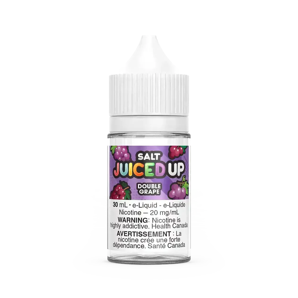 Juiced Up Salt Double Grape e-liquid in a 30mL clear bottle with a white cap and purple label.