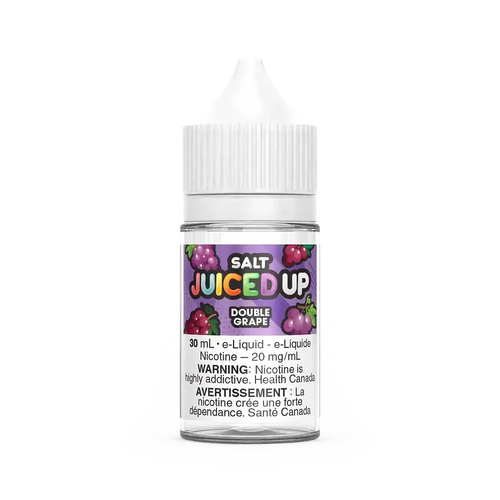 Juiced Up Salt Double Grape e-liquid in a 30mL clear bottle with a white cap and purple label.