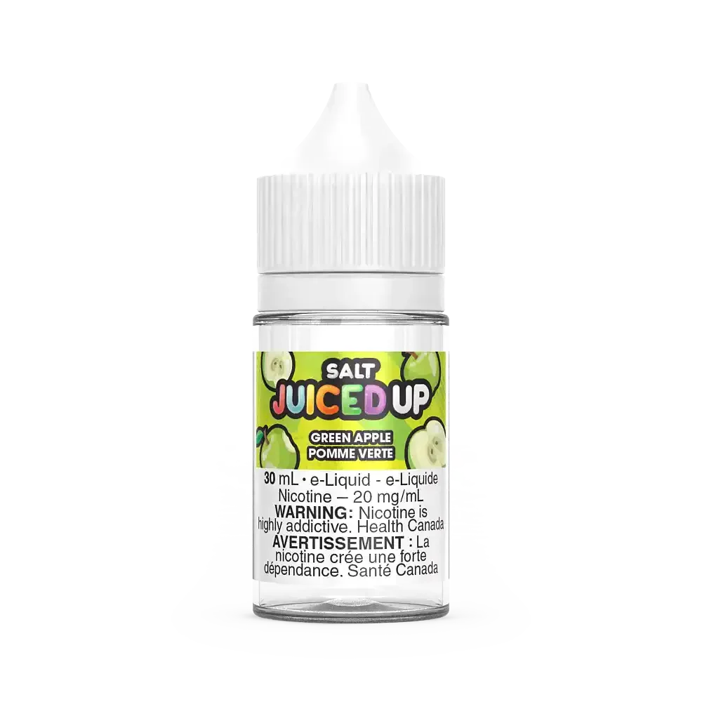 Juiced Up Salt Green Apple 30mL e-liquid bottle with white cap and green apple label.