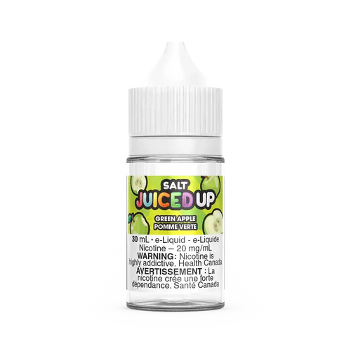Juiced Up Salt Green Apple 30mL e-liquid bottle with white cap and green apple label.