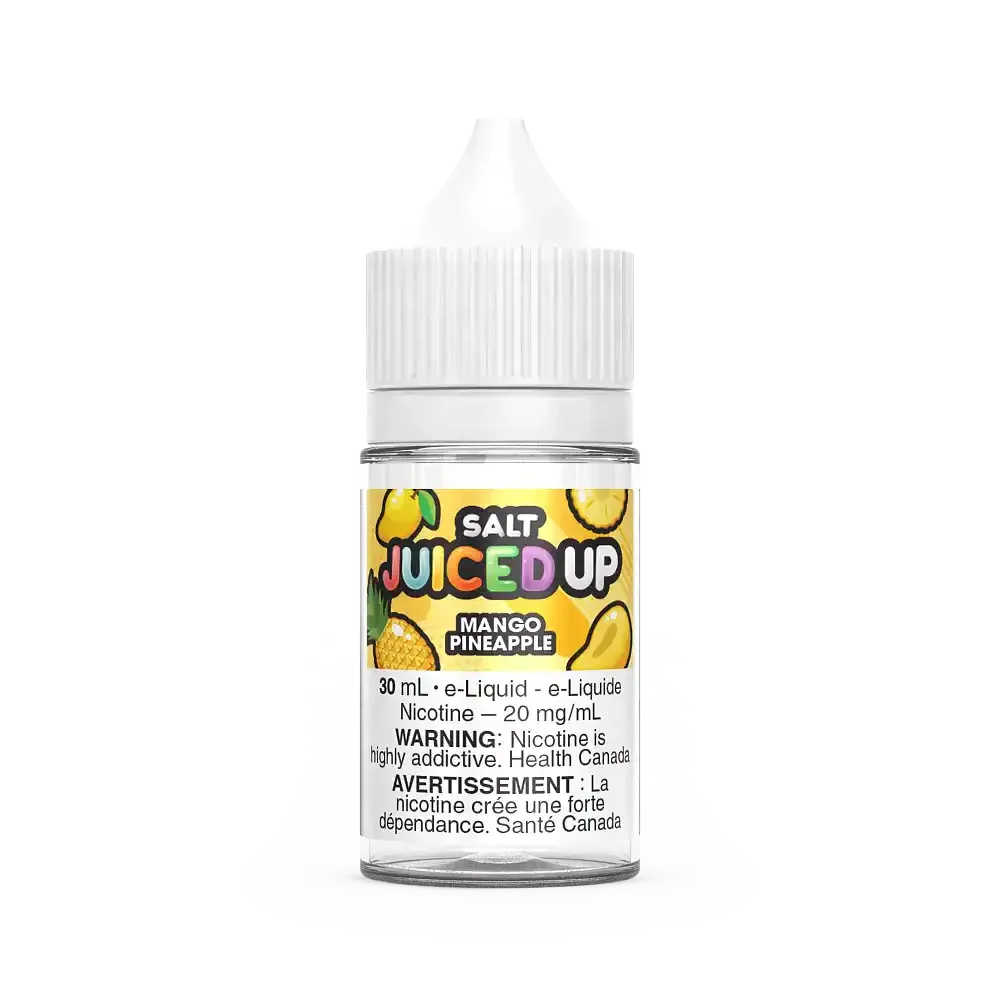 Juiced Up Salt Mango Pineapple 30mL e-liquid bottle with yellow label and fruit graphics.