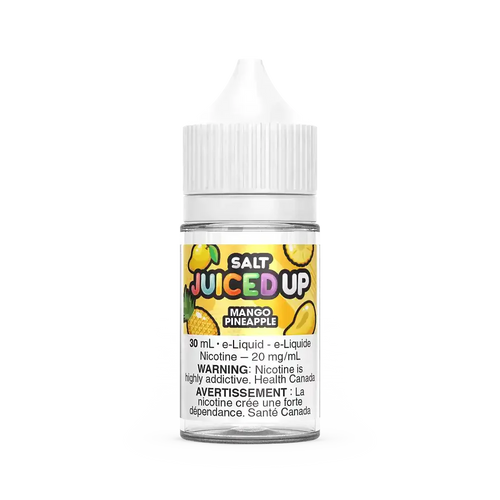 Juiced Up Salt Mango Pineapple 30mL e-liquid bottle with yellow label and fruit graphics.