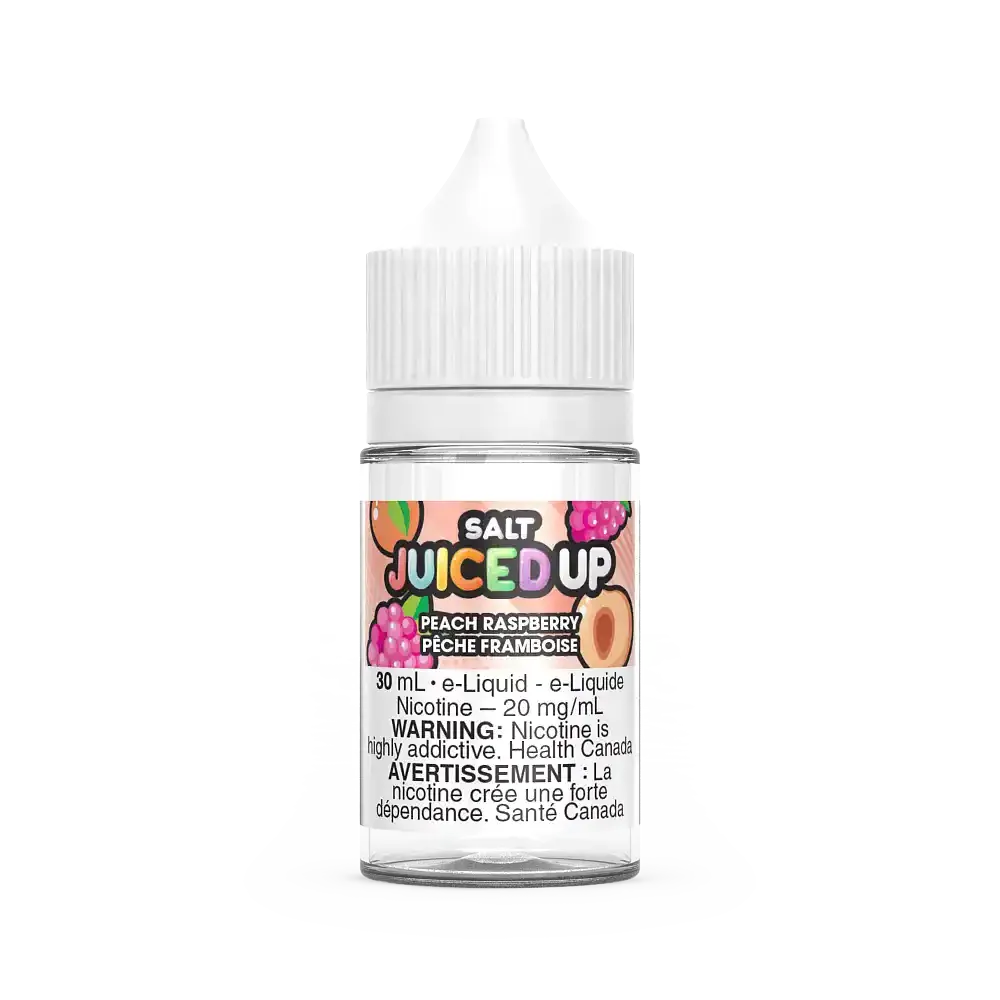 Juiced Up Salt Peach Raspberry 30mL e-liquid bottle with white cap and clear label.