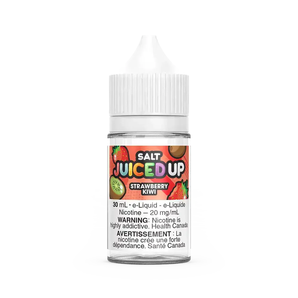 Juiced Up Salt Strawberry Kiwi 30mL e-liquid bottle with white cap and fruit-themed label.