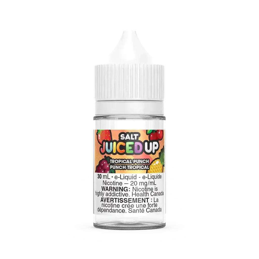 Juiced Up Salt Tropical Punch 30mL e-liquid bottle with white cap and colorful fruit label.
