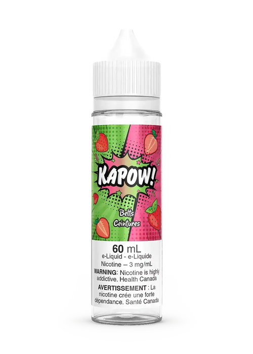 Kapow Belts e-liquid bottle, 60mL, with a vibrant pink and green strawberry candy label.