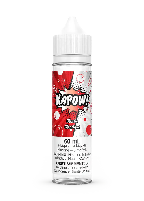 Kapow Classic 60mL e-liquid bottle with a white cap and a red, white, and black comic-style label.