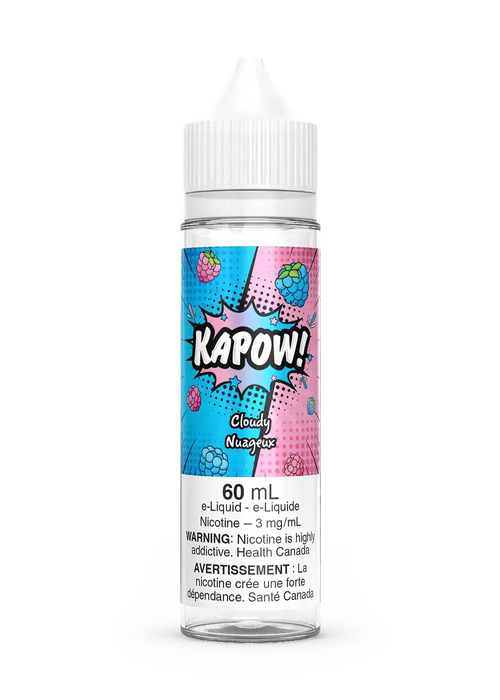 Kapow Cloudy 60mL e-liquid bottle with a pink and blue pop art label featuring raspberries and strawberries.