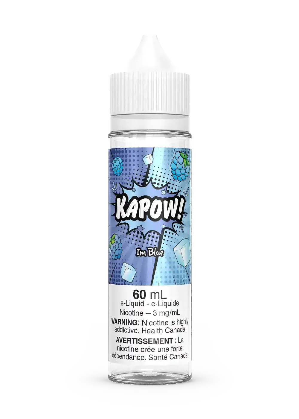 Kapow IM Blue 60mL e-liquid bottle with blue berries and ice cubes on the label.