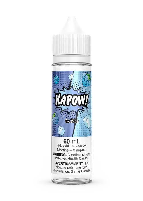 Kapow IM Blue 60mL e-liquid bottle with blue berries and ice cubes on the label.