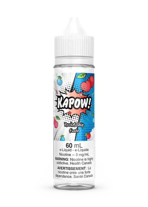 Kapow Rocketship 60mL e-liquid bottle with a comic-style label featuring cherry and blue raspberry.