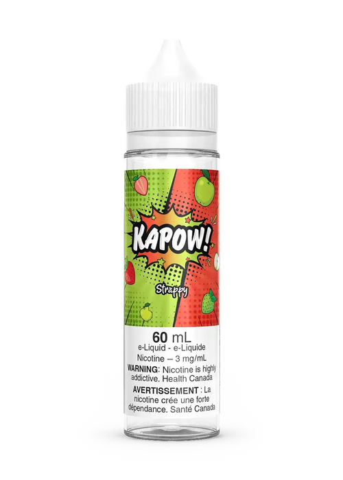 Kapow Strappy 60mL e-liquid bottle with green apple and strawberry pop art label.