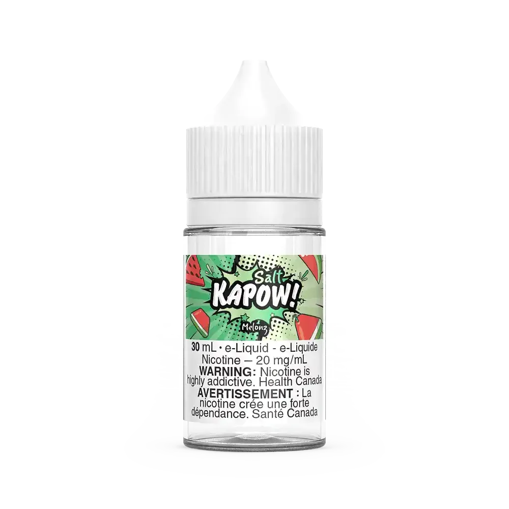 Kapow Salt Melonz 30ml e-liquid bottle with a white cap and watermelon-themed label.