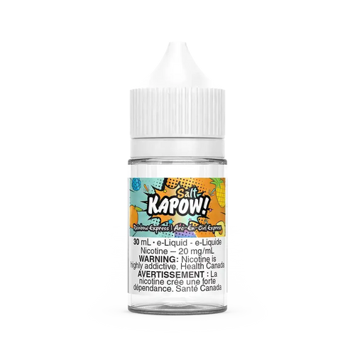 Kapow Salt Rainbow Express 30mL e-liquid bottle with colorful fruit graphics and white CRC cap.