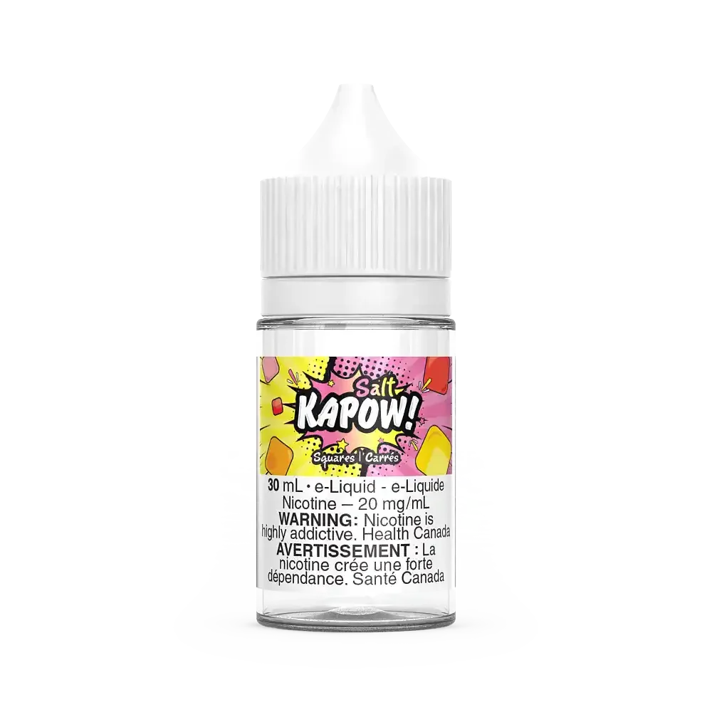 Clear 30mL Kapow Salt Squares e-liquid bottle with a white cap and a colorful pop-art label.