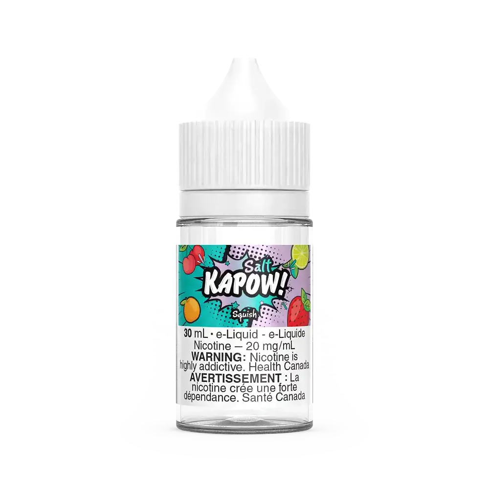 Kapow Salt Squish 30mL e-liquid bottle with colorful sour gummy fruit label and white cap.