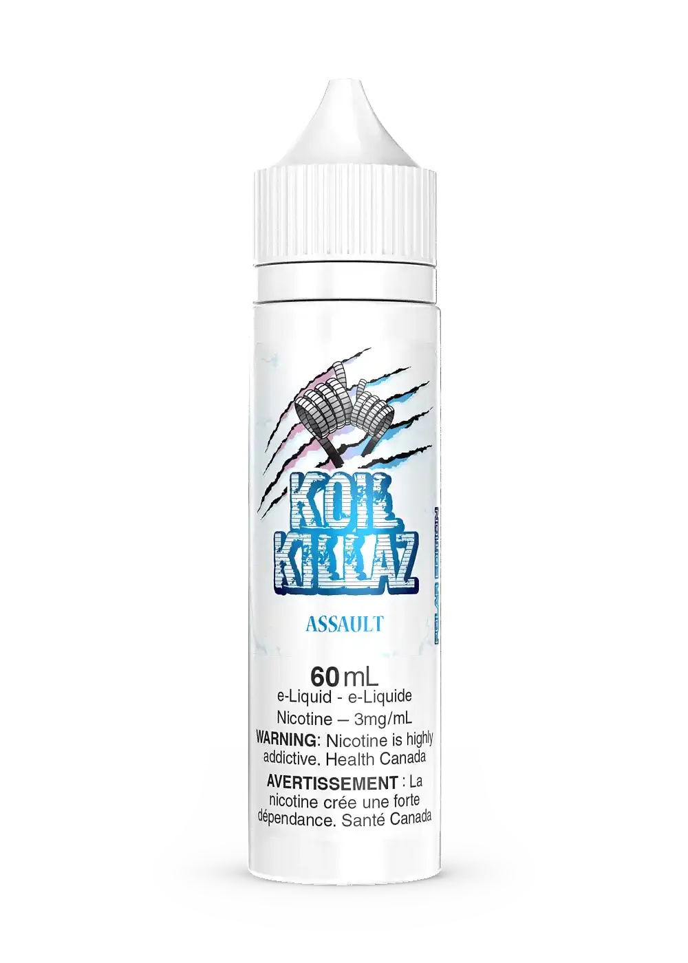 Koil Killaz Assault Iced 60mL e-liquid bottle with white cap and label, showing the brand logo and product details.