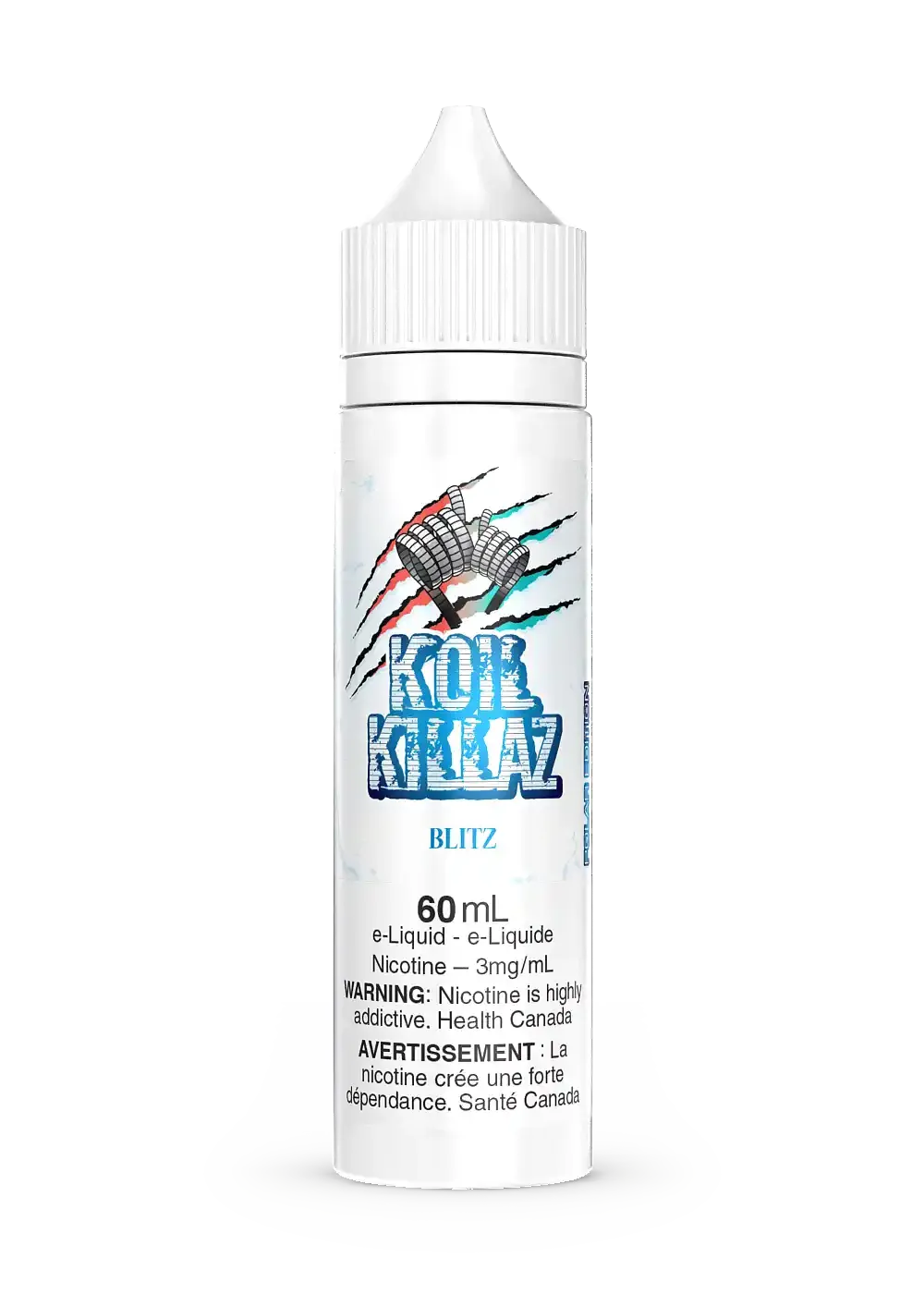 White 60mL Koil Killaz Blitz Iced e-liquid bottle with a vibrant blue and red logo.