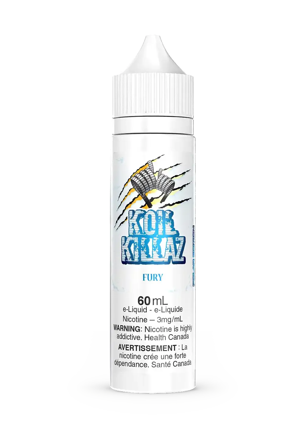 White 60mL Koil Killaz Fury Iced e-liquid bottle with a white cap and "Koil Killaz" logo.