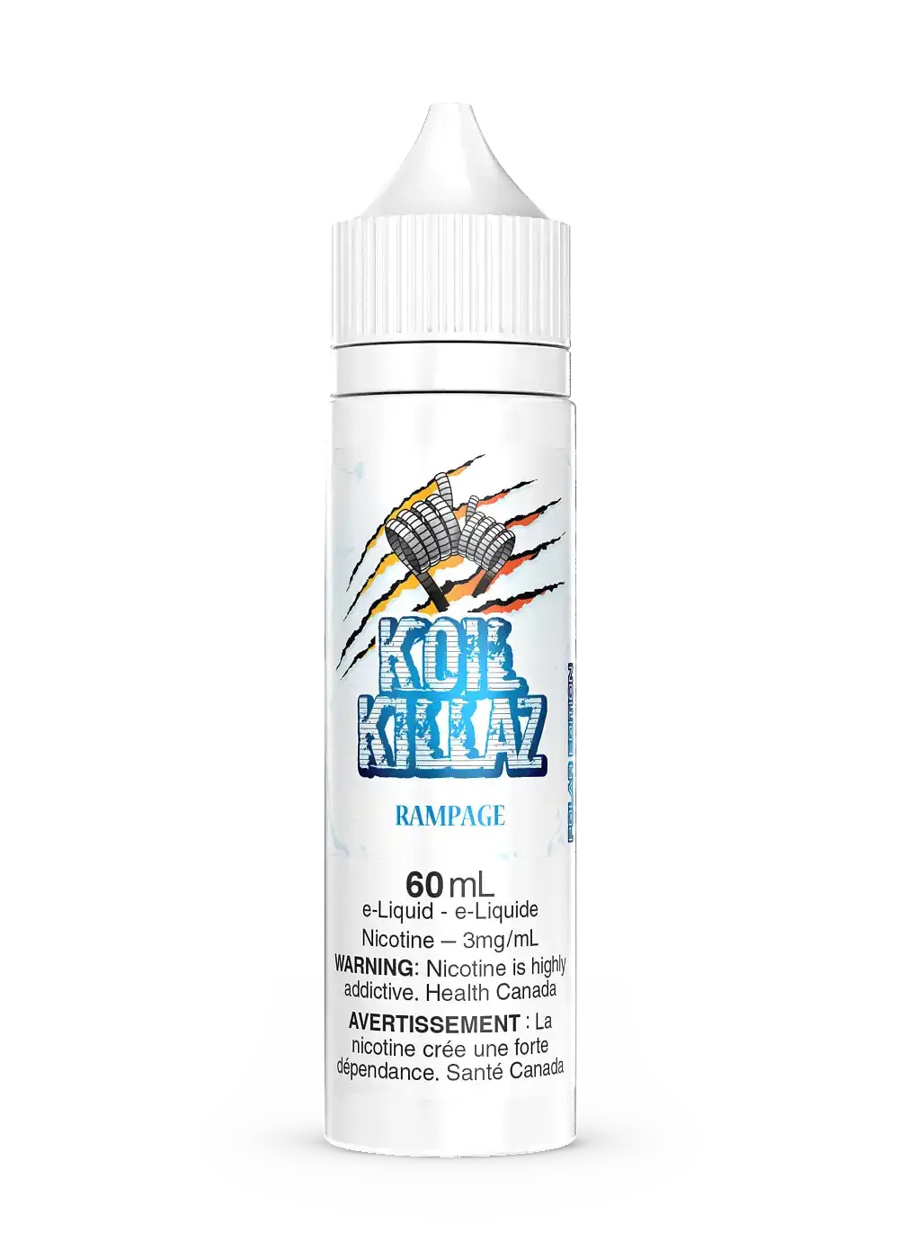 White 60mL Rampage Iced by Koil Killaz e-liquid bottle with claw mark logo and product details.