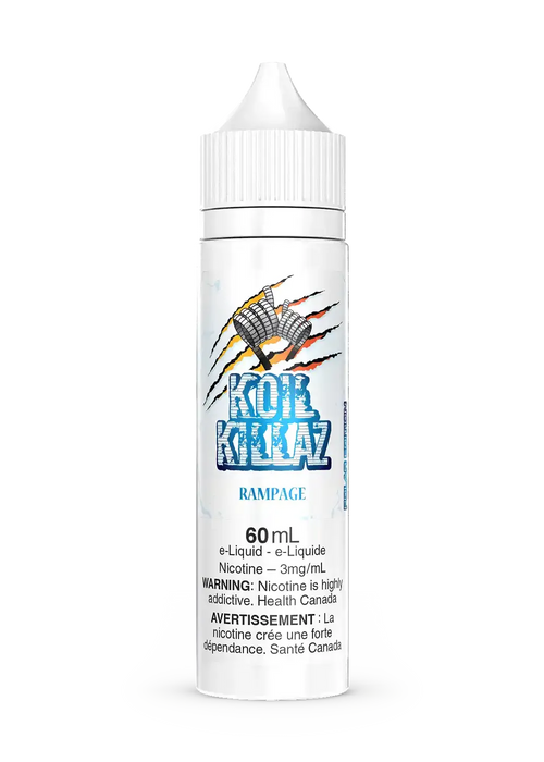 White 60mL Rampage Iced by Koil Killaz e-liquid bottle with claw mark logo and product details.