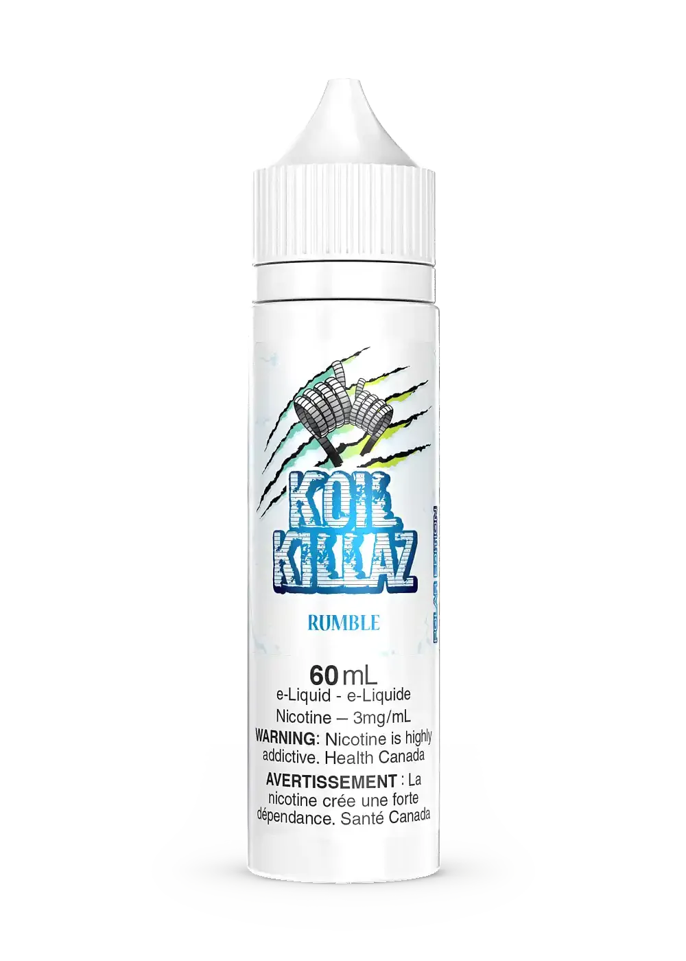White 60mL Koil Killaz Rumble Iced e-liquid bottle with a textured white cap and warning labels.