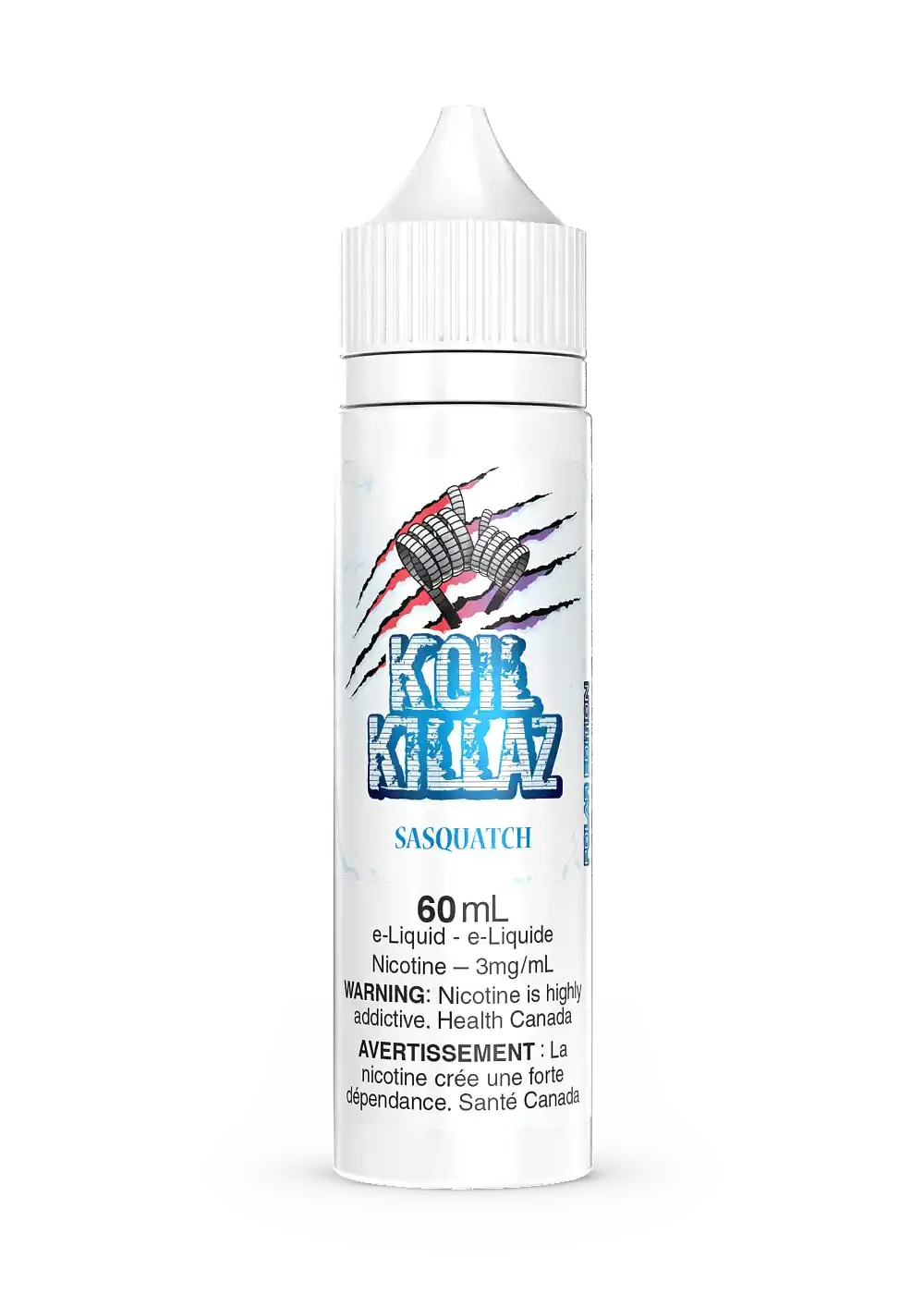 White 60mL Koil Killaz Sasquatch Iced e-liquid bottle with a claw mark logo and warning labels.