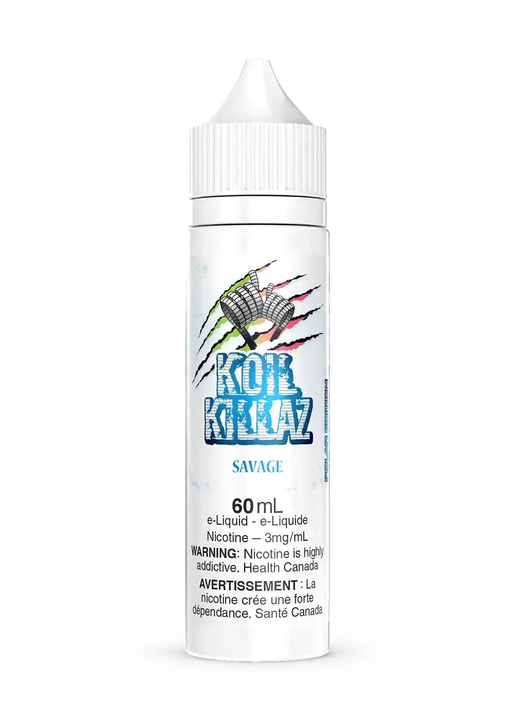 White 60mL Savage Iced e-liquid bottle by Koil Killaz with a colorful, clawed logo.