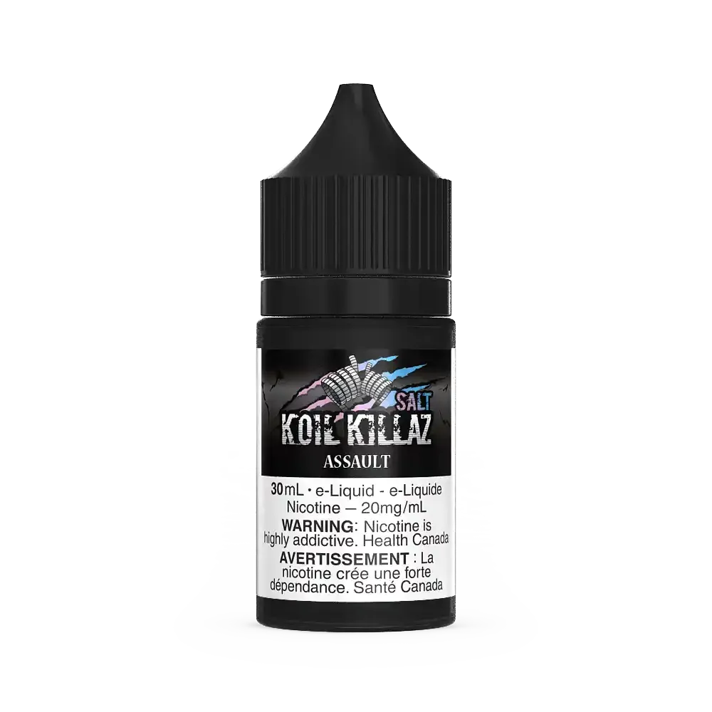 Koil Killaz Salt Assault 30mL e-liquid bottle with black cap and label featuring a skull design.