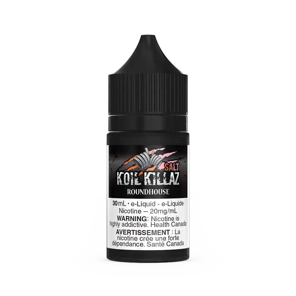 Black 30mL Koil Killaz Salt Roundhouse e-liquid bottle with colorful logo and white label.