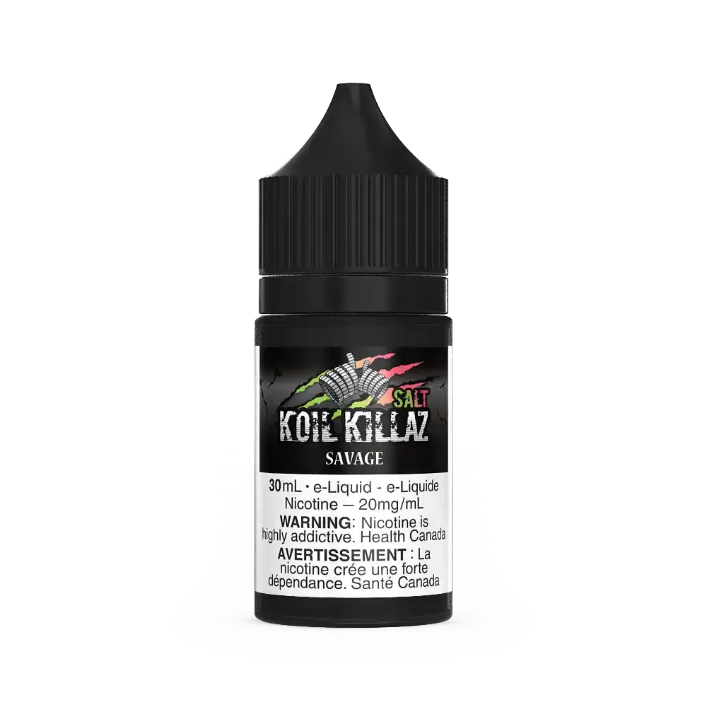 Black 30mL Koil Killaz Salt Savage e-liquid bottle with colorful logo and white label.