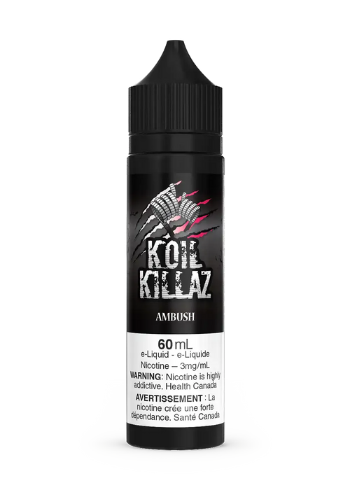 Black 60mL Ambush by Koil Killaz e-liquid bottle with pink accents and white text on a white background.