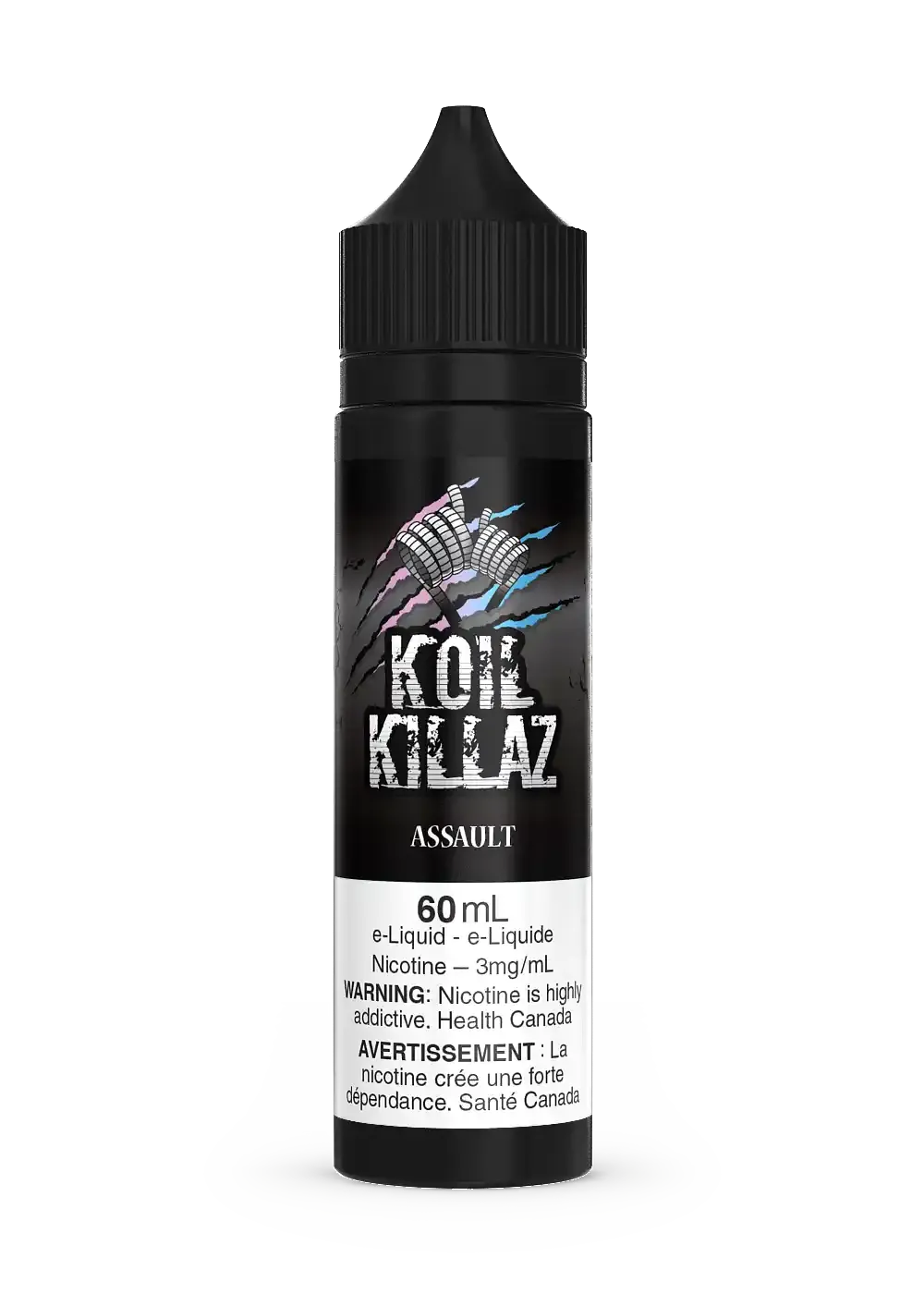 Black 60mL Koil Killaz Assault e-liquid bottle with a colorful logo and white label.