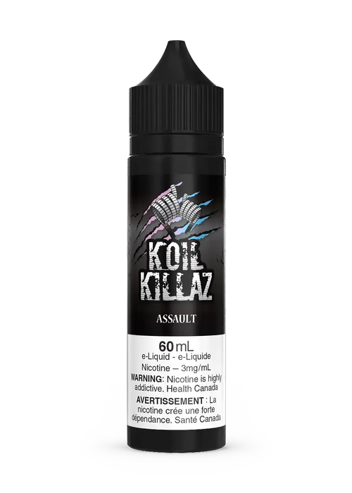 Black 60mL Koil Killaz Assault e-liquid bottle with a colorful logo and white label.