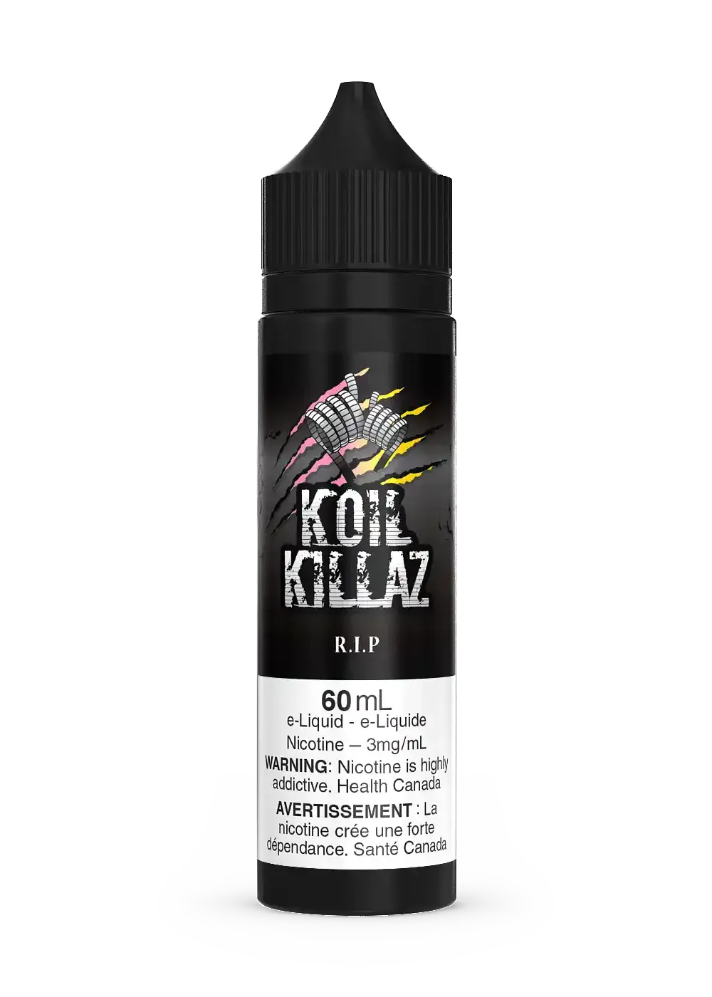 Black 60mL Koil Killaz RIP e-liquid bottle with colorful claw mark logo and white label.