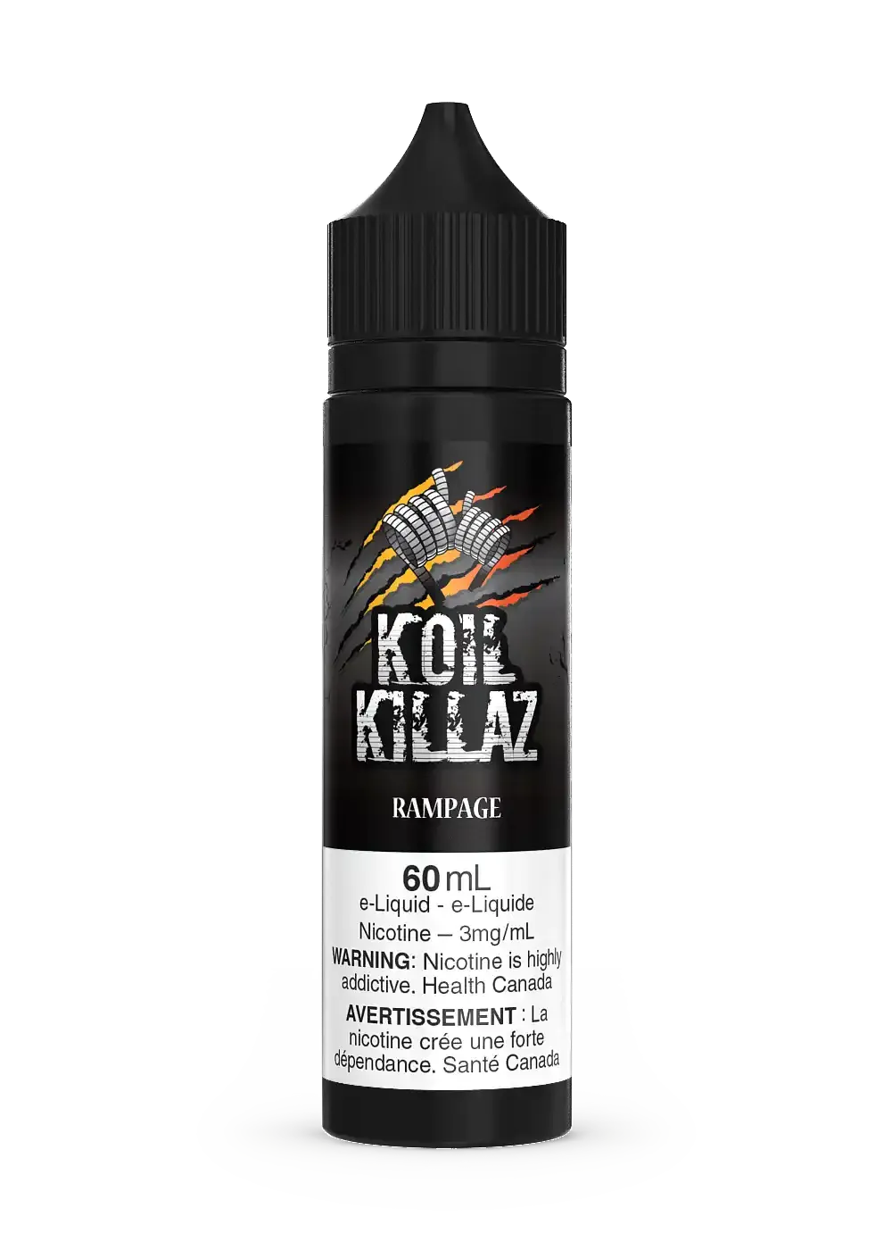 Black 60mL Koil Killaz Rampage e-liquid bottle with a vibrant logo featuring coils and flames.