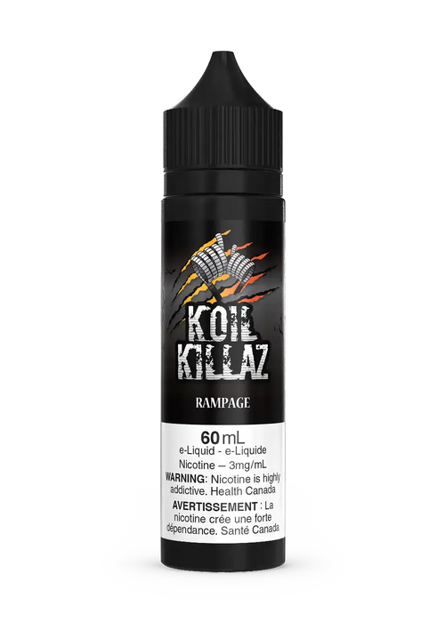 Black 60mL Koil Killaz Rampage e-liquid bottle with a vibrant logo featuring coils and flames.