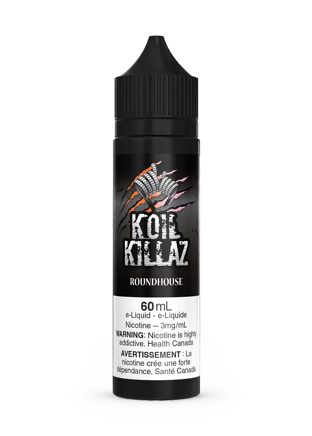 Black 60mL Koil Killaz Roundhouse e-liquid bottle with a claw mark logo and white label.