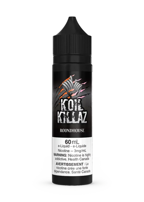 Black 60mL Koil Killaz Roundhouse e-liquid bottle with a claw mark logo and white label.