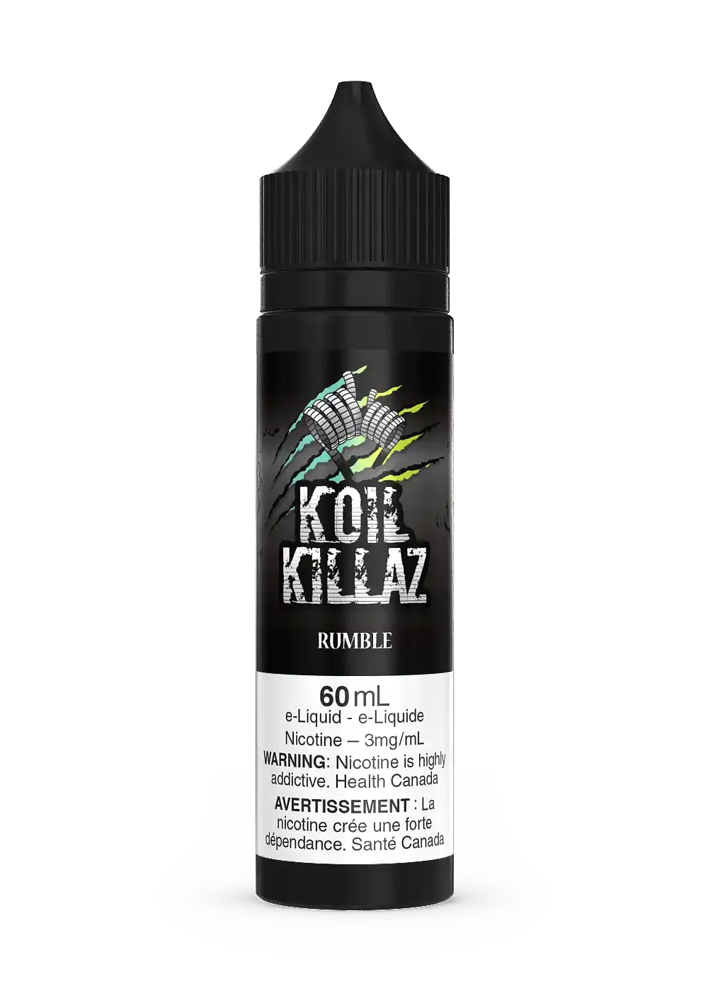 Black 60mL Koil Killaz Rumble e-liquid bottle with green and yellow scratch marks and white text.