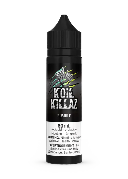 Black 60mL Koil Killaz Rumble e-liquid bottle with green and yellow scratch marks and white text.