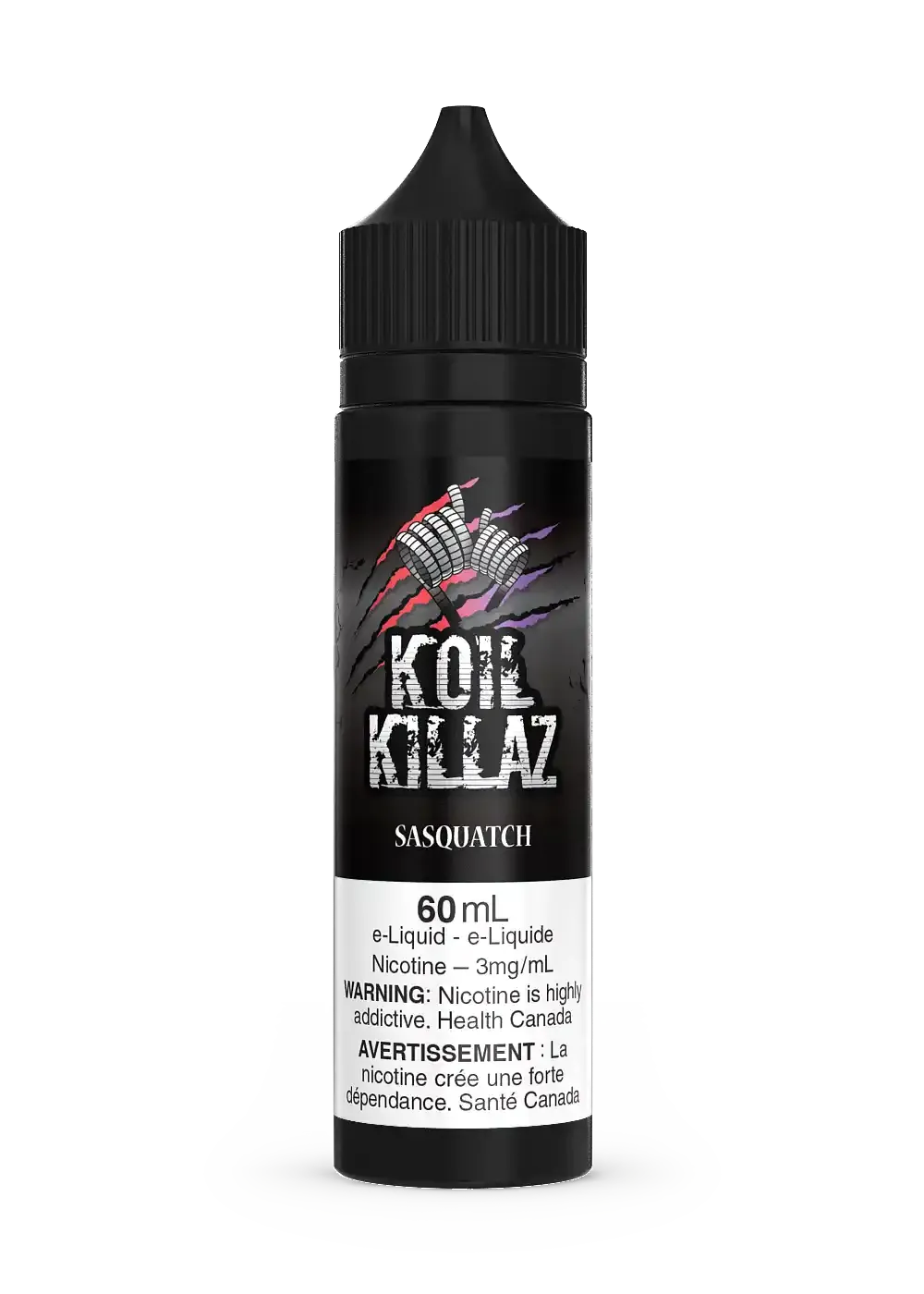 Black 60mL Koil Killaz Sasquatch e-liquid bottle with a black cap and colorful logo.