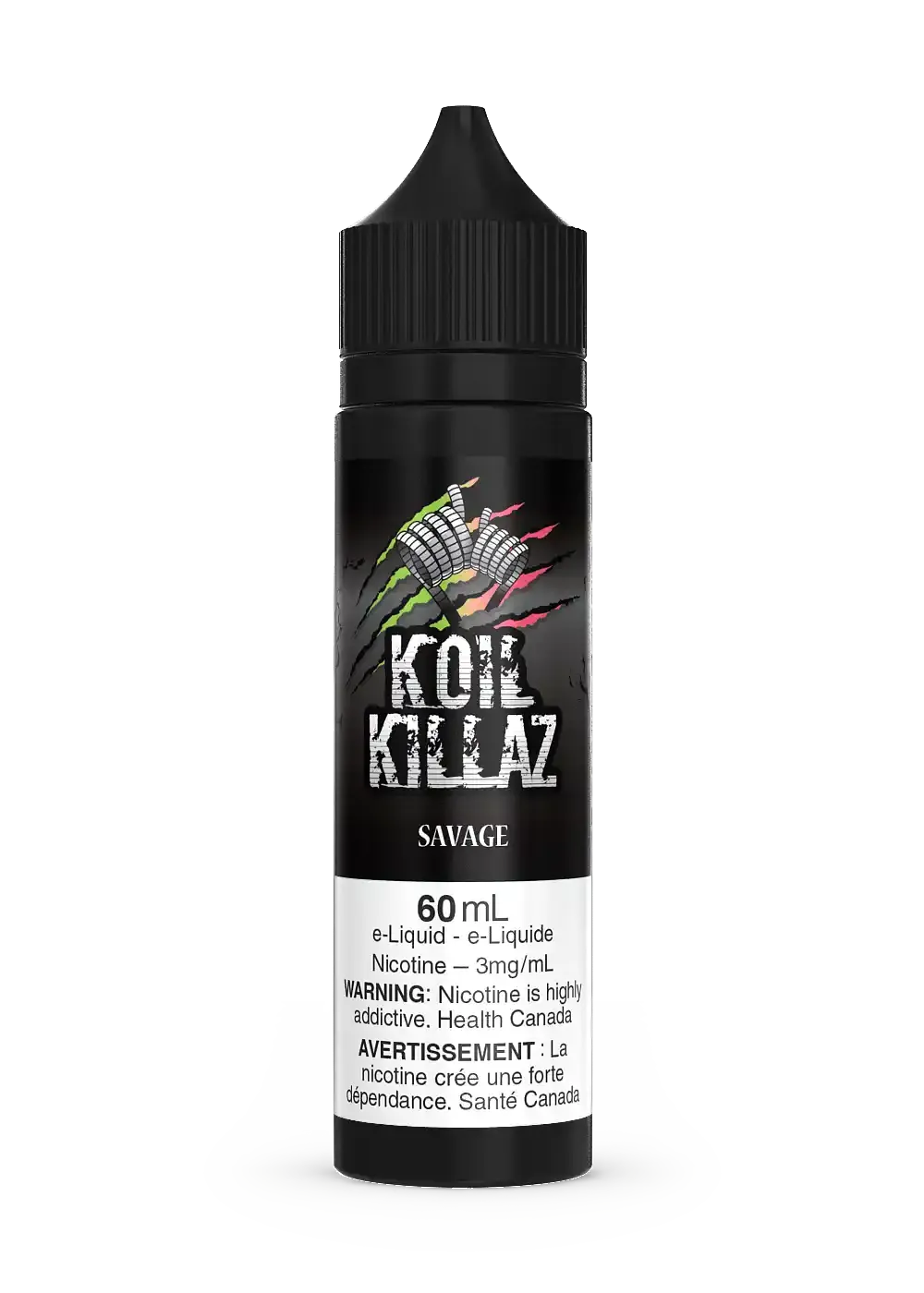 Black 60mL Koil Killaz Savage e-liquid bottle with colorful claw mark logo and white label.