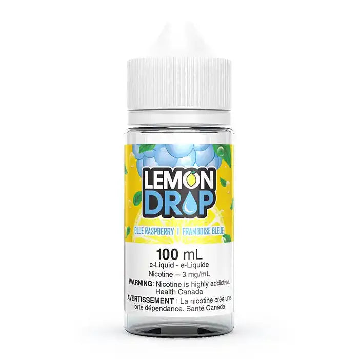Lemon Drop Blue Raspberry 100ml e-liquid bottle with a yellow label and blue raspberry graphic.