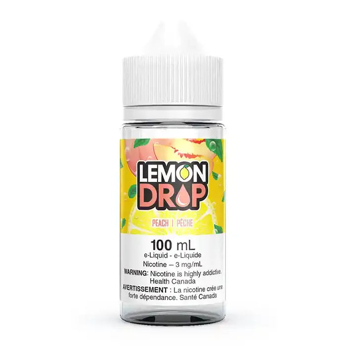 Clear 100ml Lemon Drop Peach e-liquid bottle with a white cap and yellow label featuring peaches.