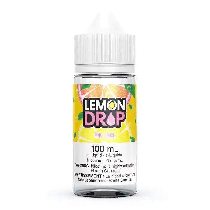 Lemon Drop Pink Rose 100mL e-liquid bottle with a yellow label featuring a pink lemon slice.