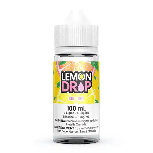 Lemon Drop Pink Rose 100mL e-liquid bottle with a yellow label featuring a pink lemon slice.
