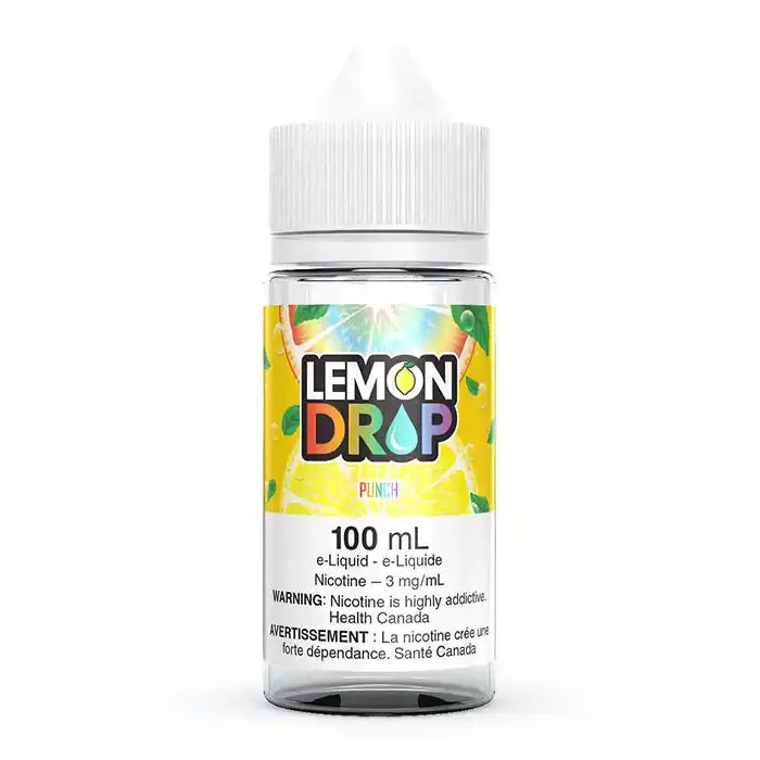 Lemon Drop Rainbow Punch 100ml e-liquid bottle with a vibrant yellow label and fruit graphics.